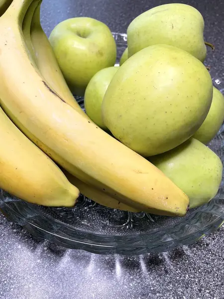 Elma, muz, meyve, vitamin, masa, tabak, mutfak, yemek, yeşil, sarı