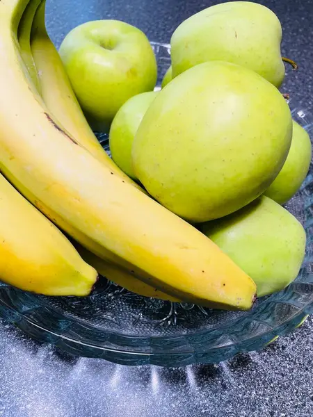 Elma, muz, meyve, vitamin, masa, tabak, mutfak, yemek, yeşil, sarı