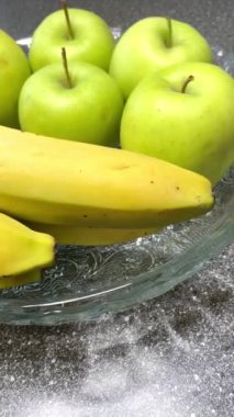 Elma, muz, meyve, vitamin, masa, tabak, mutfak, yemek, yeşil, sarı
