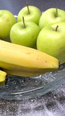 Elma, muz, meyve, vitamin, masa, tabak, mutfak, yemek, yeşil, sarı