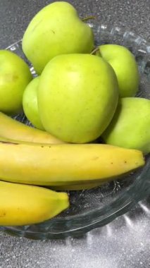 Elma, muz, meyve, vitamin, masa, tabak, mutfak, yemek, yeşil, sarı