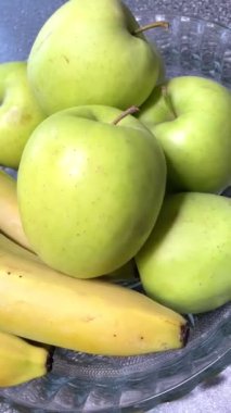 Elma, muz, meyve, vitamin, masa, tabak, mutfak, yemek, yeşil, sarı