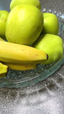 Elma, muz, meyve, vitamin, masa, tabak, mutfak, yemek, yeşil, sarı