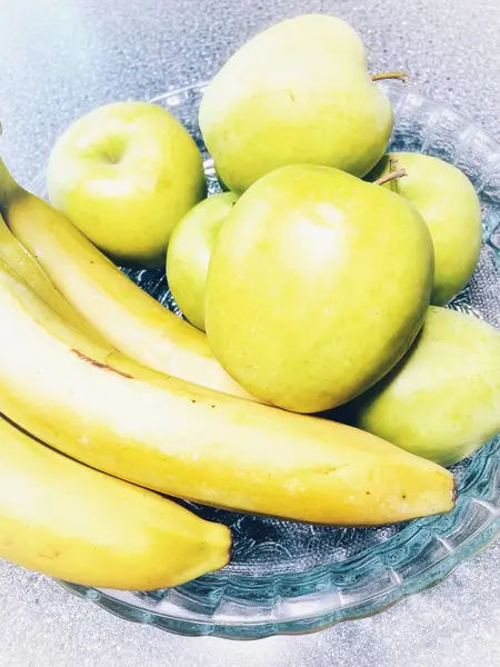 Elma, muz, meyve, vitamin, masa, tabak, mutfak, yemek, yeşil, sarı