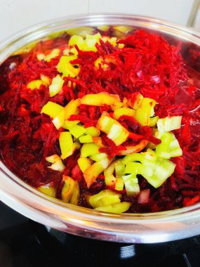 Pancar, biber, kızartma tavası, tava, kızartma, yahni, borş, sebze, lezzet, yemek, mutfak, yemek, yemek, kırmızı, yeşil 