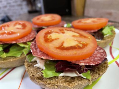 Lezzetli kahvaltı, sandviç, salamlı sandviç, domates, yeşillik, marul, salata, mayonez, besleyici, lezzetli, vitamin, sağlıklı tabak, sofra, aşçı, çörek, siyah ekmek, öğle yemeği, evde yemek, aşk, hayat, yemek, yemek nasıl hazırlanır?