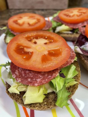 Lezzetli kahvaltı, sandviç, salamlı sandviç, domates, yeşillik, marul, salata, mayonez, besleyici, lezzetli, vitamin, sağlıklı tabak, sofra, aşçı, çörek, siyah ekmek, öğle yemeği, evde yemek, aşk, hayat, yemek, yemek nasıl hazırlanır?