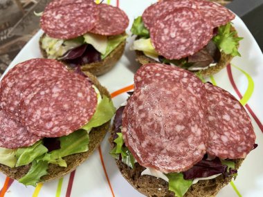 Kolayca ve basitçe lezzetli bir kahvaltı hazırlamak için sandviç, salamlı sandviç, et, yeşillik, marul, salata, mayonez, besleyici, lezzetli, vitamin, sağlıklı tabak, sofra, aşçı, çörek, siyah ekmek, öğle yemeği, evde yemek, aşk, yaşam, yemek,