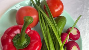 Sebzeler tabakta, vitaminler, bahar, kırmızı, soğan, salatalık, turp, domates, biber, yemek, vegan, organik, vitamin, uzun ömürlü, aşçı, aşk, yaşam.