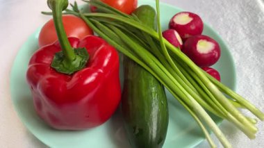 Sebzeler tabakta, vitaminler, bahar, kırmızı, soğan, salatalık, turp, domates, biber, yemek, vegan, organik, vitamin, uzun ömürlü, aşçı, aşk, yaşam.