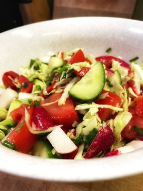 Salata, sebze, vitamin, kâse, mutfak, yemek, yemek, salatalık, domates, biber, turp, lahana, yağ.