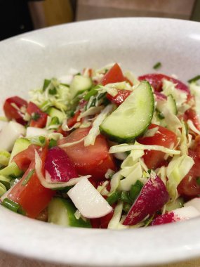 Salata, sebze, vitamin, kâse, mutfak, yemek, yemek, salatalık, domates, biber, turp, lahana, yağ.