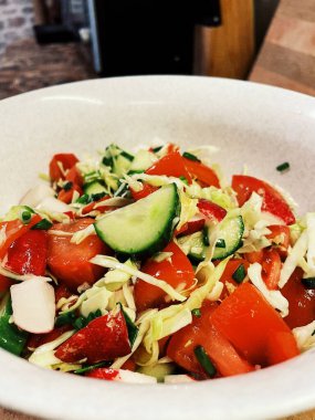 Salata, sebze, vitamin, kâse, mutfak, yemek, yemek, salatalık, domates, biber, turp, lahana, yağ.