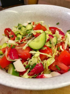 Salata, sebze, vitamin, kâse, mutfak, yemek, yemek, salatalık, domates, biber, turp, lahana, yağ.