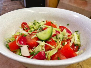 Salata, sebze, vitamin, kâse, mutfak, yemek, yemek, salatalık, domates, biber, turp, lahana, yağ.