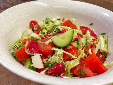 Salata, sebze, vitamin, kâse, mutfak, yemek, yemek, salatalık, domates, biber, turp, lahana, yağ.