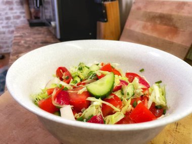 Salata, sebze, vitamin, kâse, mutfak, yemek, yemek, salatalık, domates, biber, turp, lahana, yağ.