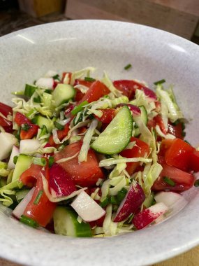 Salata, sebze, vitamin, kâse, mutfak, yemek, yemek, salatalık, domates, biber, turp, lahana, yağ.