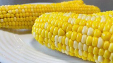 Bir tabak haşlanmış mısırla mısır koçanı yakın.