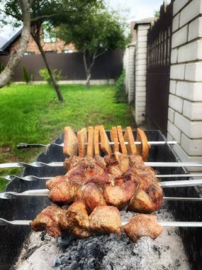 Domuz ve tavuk kebapları bahçede ızgarada pişiriliyor, ekmek, kızarmış ekmek, yaz, doğa, rahatlama...
