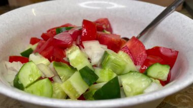 Taze organik salata, soğan, domates, salatalık. 