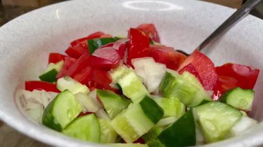 Taze organik salata, soğan, domates, salatalık. 