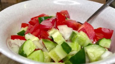 Taze sebze, domatesli organik salata, salatalık ve soğan. 