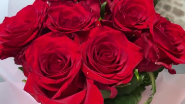 Kırmızı gül buketi yakın, romantik güller, çiçekler, aşkı hissetmek, aşık olmak