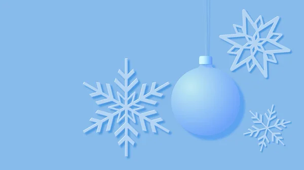 Kerstkaart Met Sneeuwvlokken Een Kerstboom Kerstbal Een Blauwe Achtergrond — Stockfoto