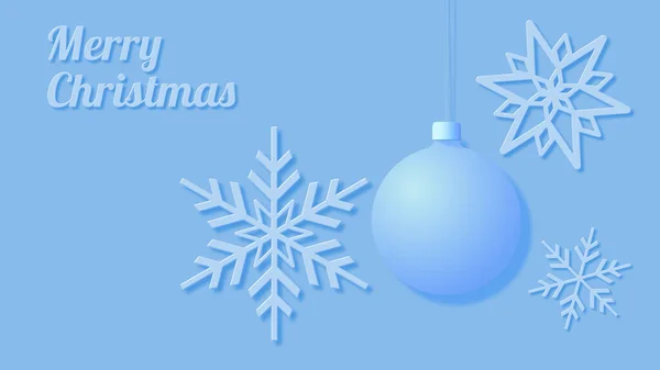 Kar tanelerini gösteren bir Noel kartı ve mavi arka planda mutlu bir Noel kutlaması olan bir Noel ağacı..