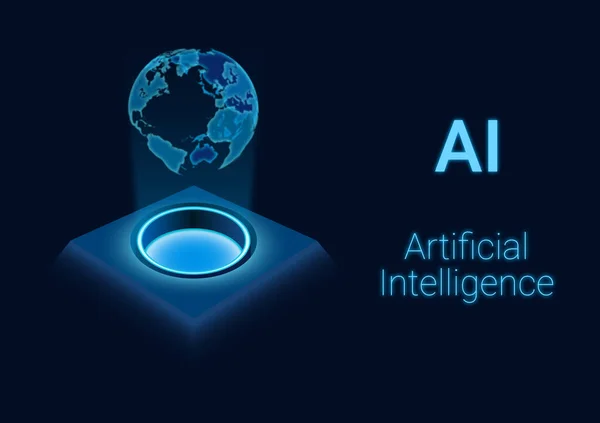 Abstract illustration of artificial intelligence showing a hologram on a dark blue background. The hologram contains a square base and a three-dimensional light image of world a digital pattern.