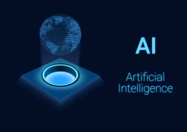 Abstract illustration of artificial intelligence showing a hologram on a dark blue background. The hologram contains a square base and a three-dimensional light image of world a digital pattern.