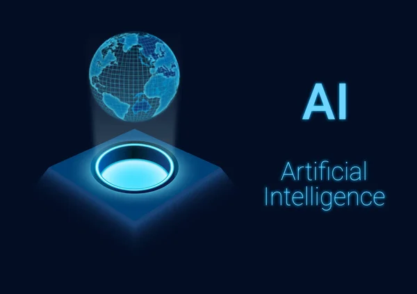 Abstract illustration of artificial intelligence showing a hologram on a dark blue background. The hologram contains a square base and a three-dimensional light image of world a digital pattern.