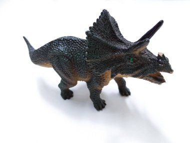 Triceratops dinozor oyuncak figürü. Beyaz arka planda izole edilmiş plastik dinozor oyuncağı. Triceratops, otçul chasmosaurine ceratopsid dinozor cinsidir.