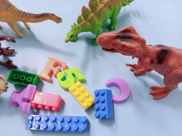 Grupa Plastikowych Dinozaurów Zabawki Kid Dino Zabawki Koncepcja Tła Rysunek — Zdjęcie stockowe