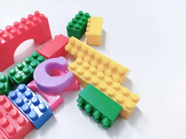 Kid Toys Background Colorful Blocks Alphabet Toys Sky Blue Background — Stock Photo, Image