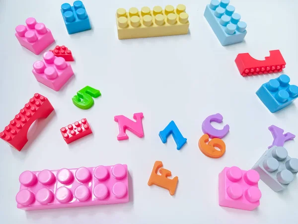 Kid Toys Fond Blocs Colorés Jouets Alphabétiques Cadre Jouets Dinosaures — Photo