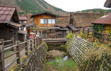 Japonya 2015 Kasım 22, mavi gökyüzünün altında eşsiz sazdan çatılı çiftlik evleri. Shirakawa-go 'nun tarihi köyü. Shirakawago, Japonya 'daki geleneksel Japon köyü.