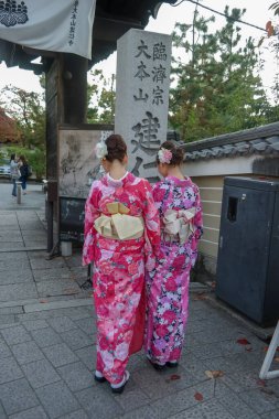 Japonya 2015 Kasım 19, renkli kimono elbiseli kız geleneksel kimono kostümlü tatlı Japon kız Kyoto sokaklarında yürüyor.