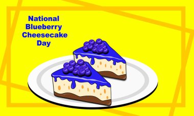 26 Mayıs 'ta Ulusal BLUEBERRY CHEESECake Günü anısına sarı arkaplan ve çizgi çerçeveli bir tabakta servis edilen iki parça ya da bir dilim yaban mersini soslu cheesecake.