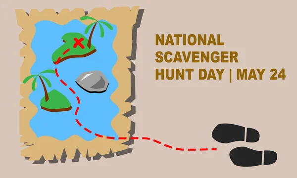 Adaların, ağaçların ve kayaların resimlerinin olduğu bir hazine haritası. Hazineye ya da çeşitli rastgele eşyalara giden kırmızı noktalı bir çizgi. ULUSAL SCAVENGER HUNT GÜNLÜĞÜ, 24 Mayıs şablon geçmişi anısına 
