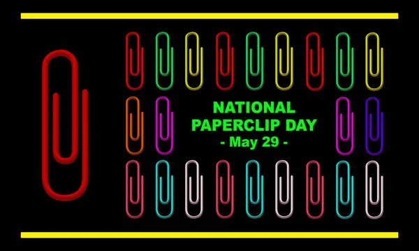29 Mayıs 'taki ULUSAL PAPERCLIP Günü' nü anmak için ortaya kalın metin yerleştirilmiş birkaç renkli ataç ve büyük bir kırmızı ataç.