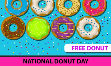 Çeşitli aromalı ve malzemeli çörekler ve açık mavi bir zemin ile çikolatalı kuru üzümler ve Haziran 'da Ulusal Çörek Günü anısına yazılmış kalın yazılar.