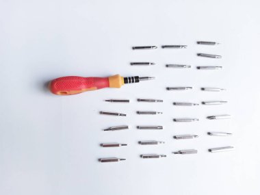 Çeşitli hortumları olan tornavida. Değişebilir tornavida seti. Farklı metal başlıklar ve beyaz arkaplanda izole edilmiş bitler..