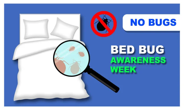 Çift kişilik yatak ve 2 yastıklı büyüteç kullanarak yatakta tahtakurusu arayın ve Bed Bug Farkındalık Haftası anısına kalın metin yazın.