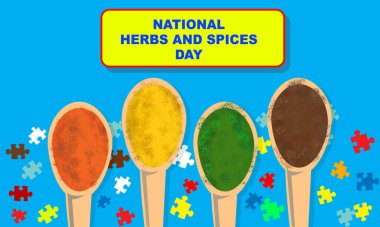 Baharatların ve otların en üst görüntüsü ahşap kaşık üzerinde yapboz parçası arkaplan ve Ulusal Bitki ve Baharat Günü anısına kalın metin