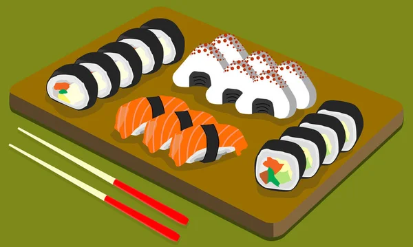 Several Types Sushi Onigiri Nigiri Sushi Makizushi Neatly Arranged Brown — Stock Vector