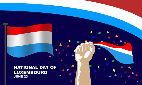 a hand holding a Luxembourg flag and Luxembourg flag on a pole against a Luxembourg flag pattern in the background commemorating National Day of Luxembourg on June 23