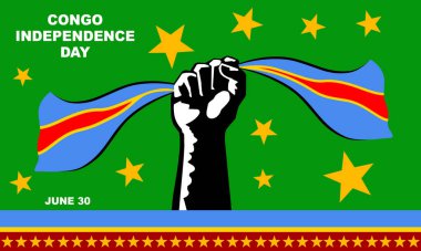 30 Haziran 'daki Kongo Bağımsızlık Günü anısına Kongo bayrağının arkaplan ve dekorasyonuna sahip bir Kongo bayrağını tutan bir elin silüeti