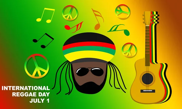 Gitarlı, nota ikonlu ve barış ikonlu bir Jamaika reggae adamı. 1 Temmuz Uluslararası Reggae Günü anısına